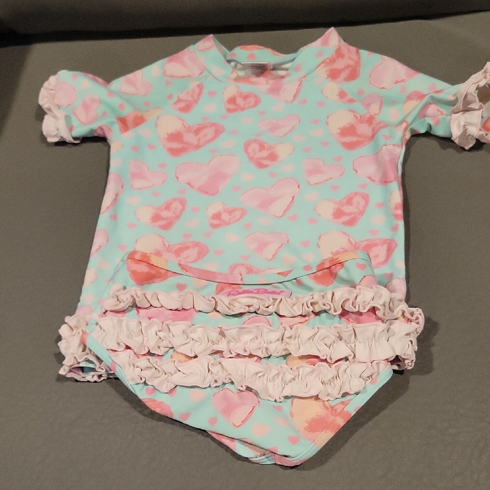 Girls' Mint Pink Heart Rashguard Swimsuit with Ruffles